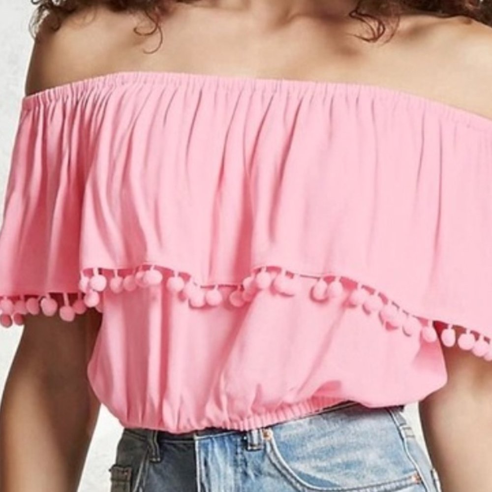 Forever 21 pink pom pom off the shoulder top